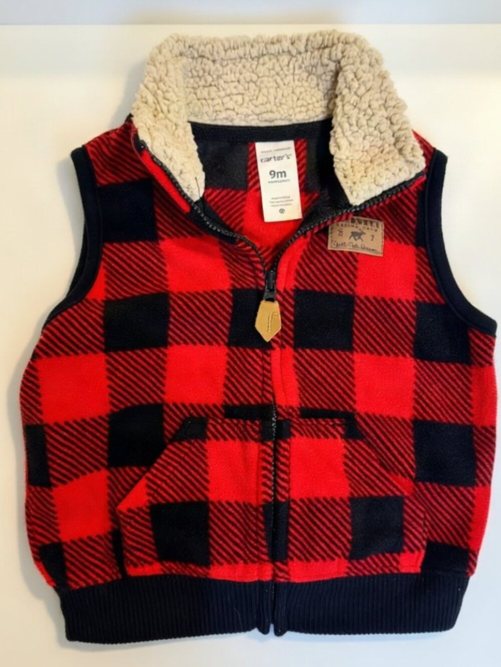Carter's Buffalo Plaid Fleece Zip Vest Sherpa Collar 9M